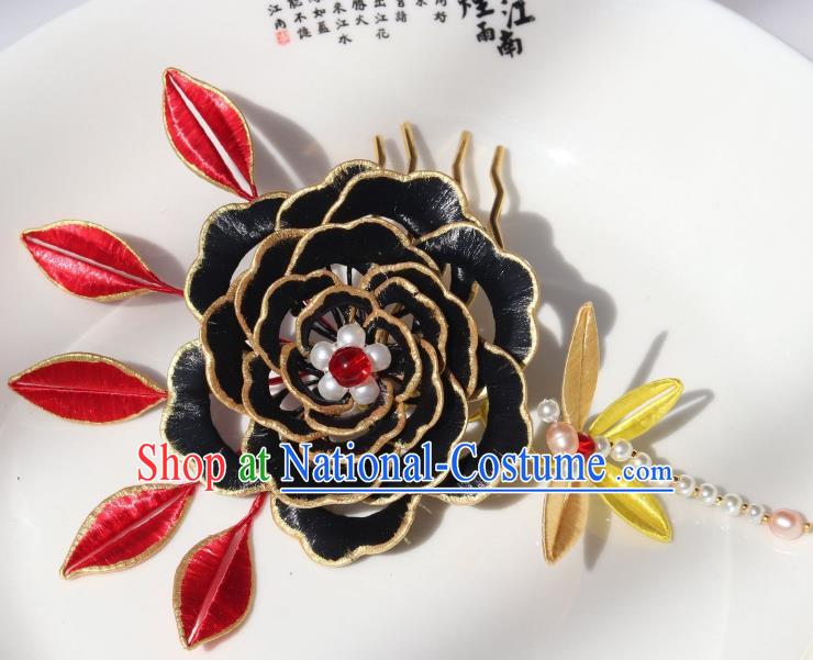 Chinese Traditional Ming Dynasty Black Silk Peony Hair Comb Headwear Ancient Princess Pearls Dragonfly Hairpin