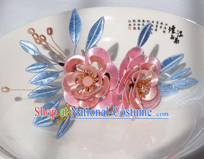 Chinese Ancient Palace Princess Hairpin Traditional Song Dynasty Pink Silk Camellia Hair Stick Headwear