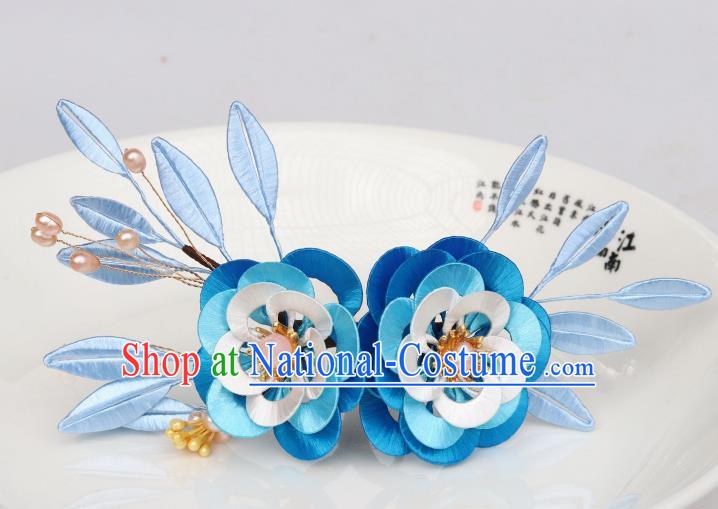 Chinese Ancient Court Lady Pearls Hairpin Traditional Song Dynasty Blue Silk Camellia Hair Stick