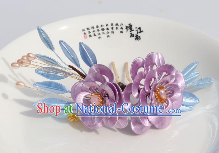 Chinese Ancient Palace Beauty Lilac Silk Camellia Hairpin Traditional Song Dynasty Pearls Hair Stick