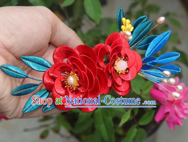 Chinese Ancient Young Lady Red Silk Camellia Hairpin Traditional Song Dynasty Wedding Hair Stick