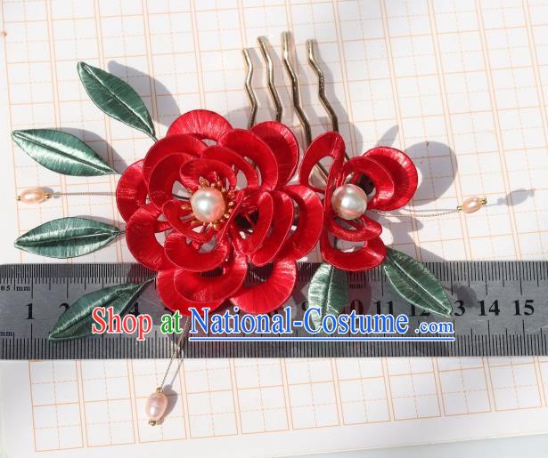 Chinese Ancient Princess Red Silk Peony Hairpin Traditional Ming Dynasty Wedding Bride Pearls Hair Stick