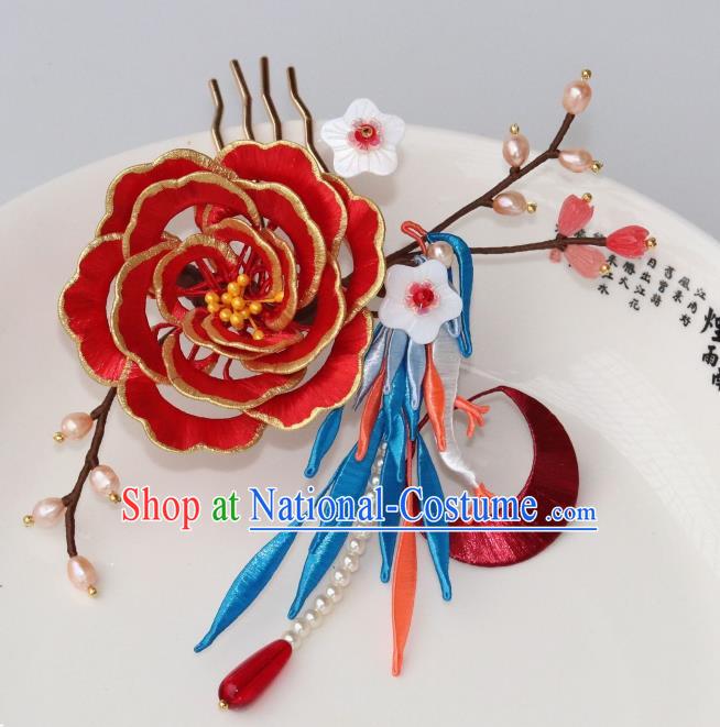 Chinese Ancient Princess Red Silk Peony Hair Stick Traditional Ming Dynasty Shell Plum Hair Comb