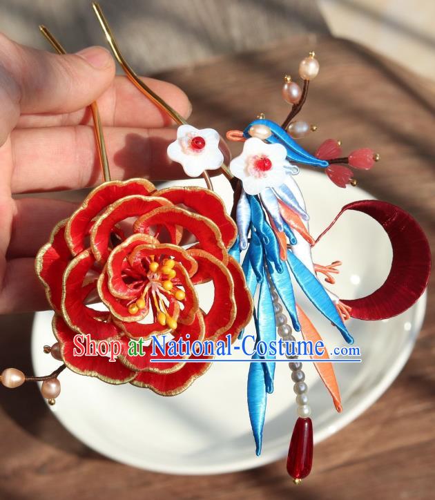 Chinese Ancient Princess Red Silk Peony Hair Stick Traditional Ming Dynasty Shell Plum Hair Comb