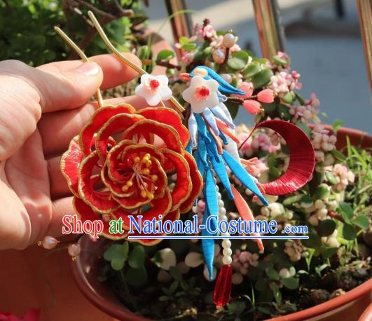 Chinese Ancient Princess Red Silk Peony Hair Stick Traditional Ming Dynasty Shell Plum Hair Comb