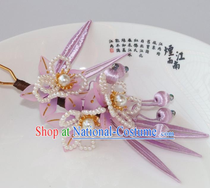 Chinese Ancient Princess Pearls Peach Blossom Hair Stick Traditional Ming Dynasty Lilac Silk Bamboo Leaf Hairpin