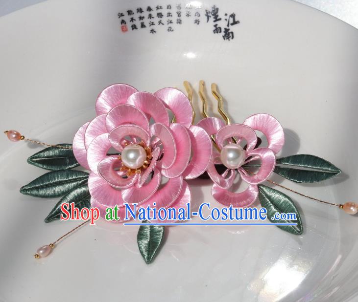 Chinese Ancient Court Princess Pearls Hairpin Traditional Ming Dynasty Pink Silk Peony Hair Comb