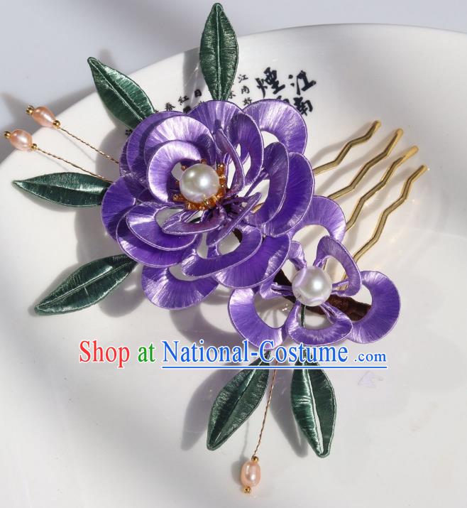 Chinese Ancient Hanfu Pearls Hairpin Traditional Ming Dynasty Princess Purple Silk Peony Hair Comb