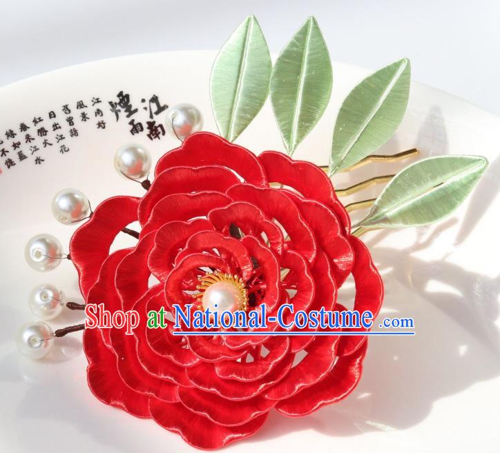 Chinese Traditional Hanfu Red Peony Hairpin Tang Dynasty Imperial Concubine Hair Comb Ancient Court Lady Hair Accessories