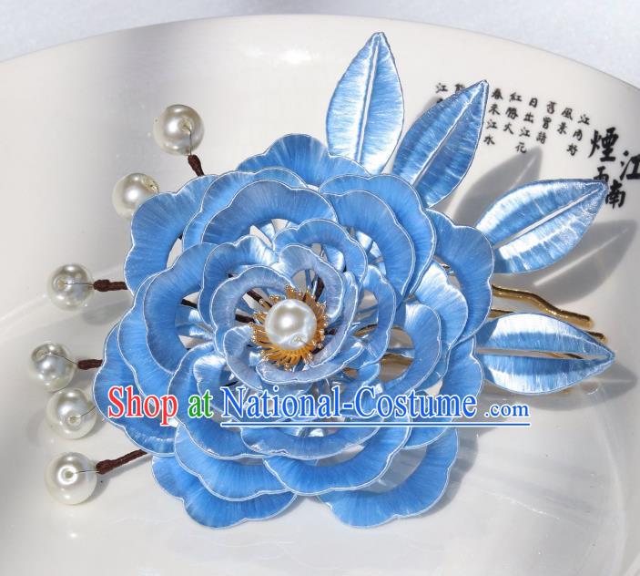 Chinese Traditional Tang Dynasty Imperial Concubine Blue Peony Hair Comb Ancient Court Lady Pearls Hairpin