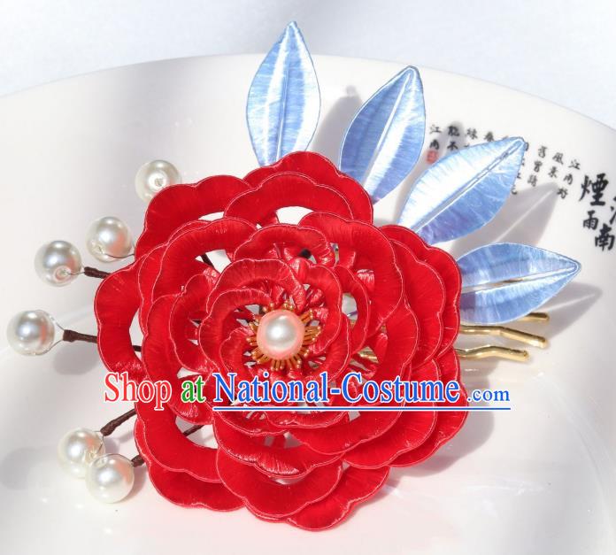 Chinese Tang Dynasty Imperial Concubine Hair Comb Ancient Court Lady Hair Accessories Traditional Hanfu Red Peony Hairpin