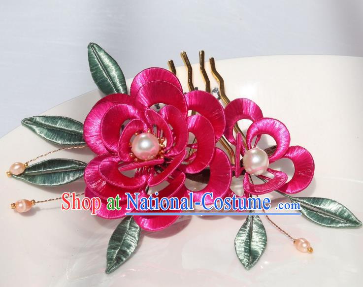 Chinese Ancient Palace Lady Pearls Hairpin Traditional Ming Dynasty Princess Rosy Peony Hair Comb