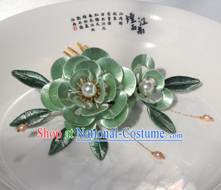 Chinese Ancient Young Beauty Green Silk Peony Hairpin Traditional Ming Dynasty Princess Pearls Hair Comb