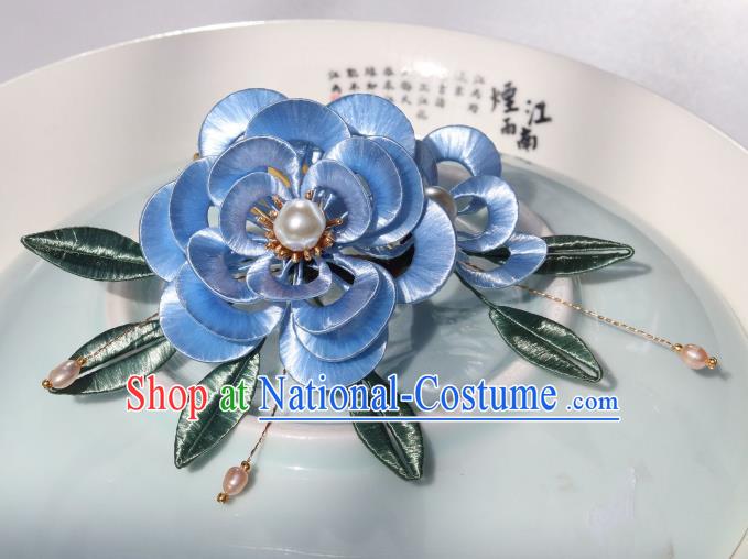 Chinese Ancient Palace Princess Pearls Hairpin Traditional Ming Dynasty Court Woman Blue Peony Hair Comb