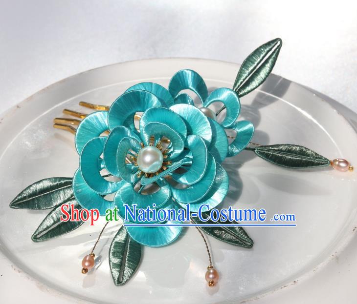 Chinese Ancient Court Woman Lake Blue Peony Hairpin Traditional Ming Dynasty Princess Hair Comb