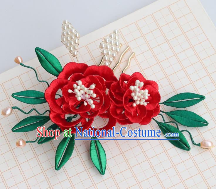 Chinese Handmade Red Silk Peony Hair Comb Ancient Song Dynasty Court Woman Pearls Hairpin