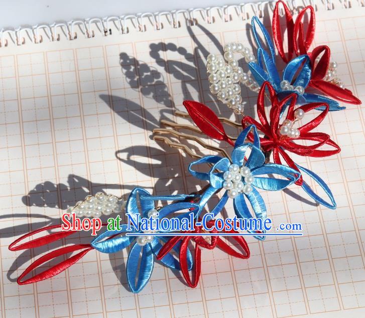 Chinese Handmade Silk Lily Flowers Hair Comb Ancient Ming Dynasty Empress Pearls Hairpin