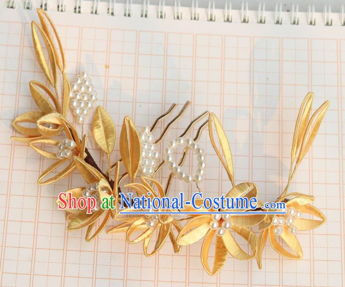 Chinese Ancient Ming Dynasty Empress Pearls Hairpin Handmade Yellow Silk Lily Flowers Hair Comb