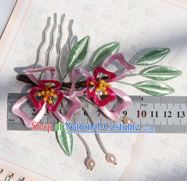 Chinese Handmade Ancient Young Lady Hairpin Ming Dynasty Princess Pink Silk Flowers Hair Stick