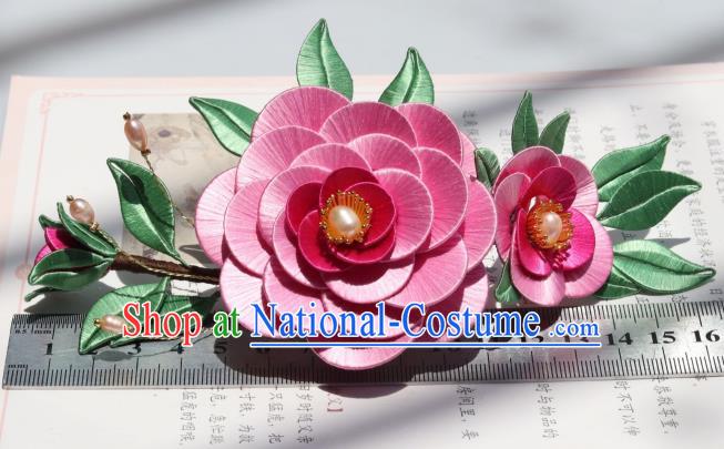 Chinese Ancient Court Lady Pearls Hairpin Handmade Ming Dynasty Princess Rosy Camellia Hair Comb