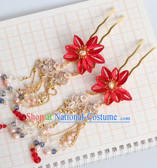 Chinese Handmade Red Silk Flowers Hair Stick Ancient Royal Princess Pearls Tassel Hairpin