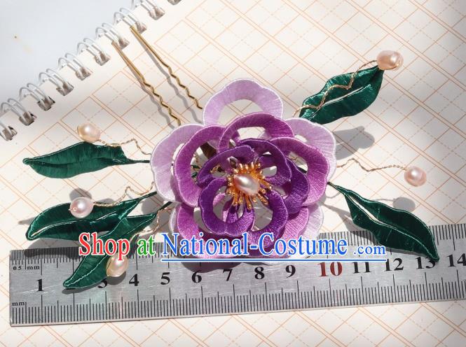 Chinese Handmade Pearls Hairpin Hair Accessories Ancient Palace Princess Purple Silk Camellia Hair Comb