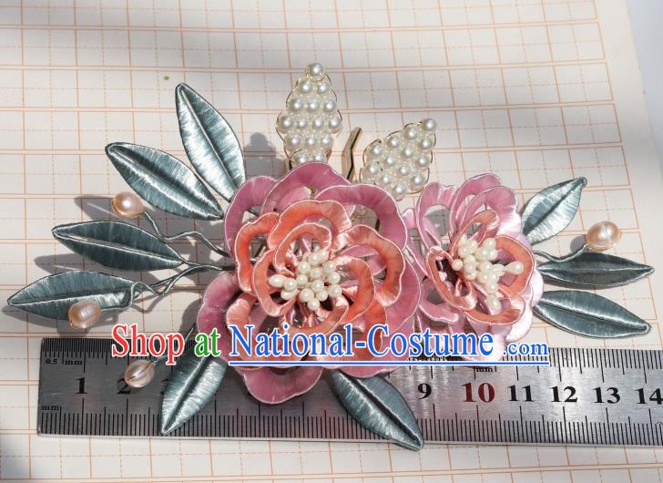 Chinese Traditional Ming Dynasty Pink Silk Peony Hairpin Ancient Princess Pearls Hair Comb