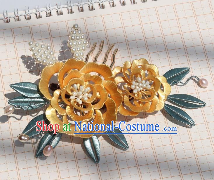 Chinese Ancient Palace Lady Pearls Hair Comb Traditional Ming Dynasty Yellow Silk Peony Hairpin