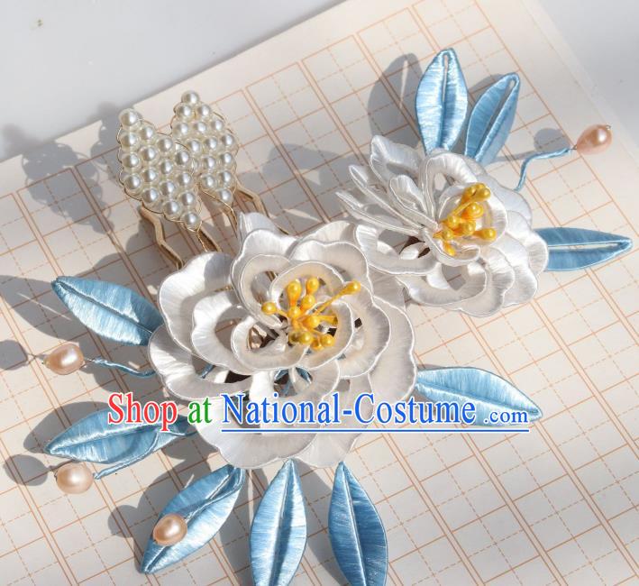 Chinese Ancient Imperial Concubine Hairpin Traditional Ming Dynasty White Silk Peony Hair Comb