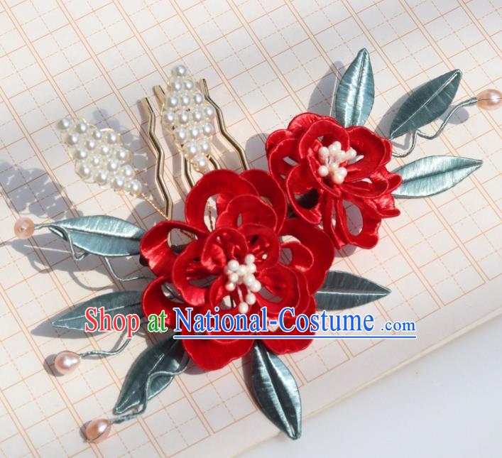 Chinese Handmade Pearls Hair Comb Ancient Ming Dynasty Court Princess Red Peony Hairpin