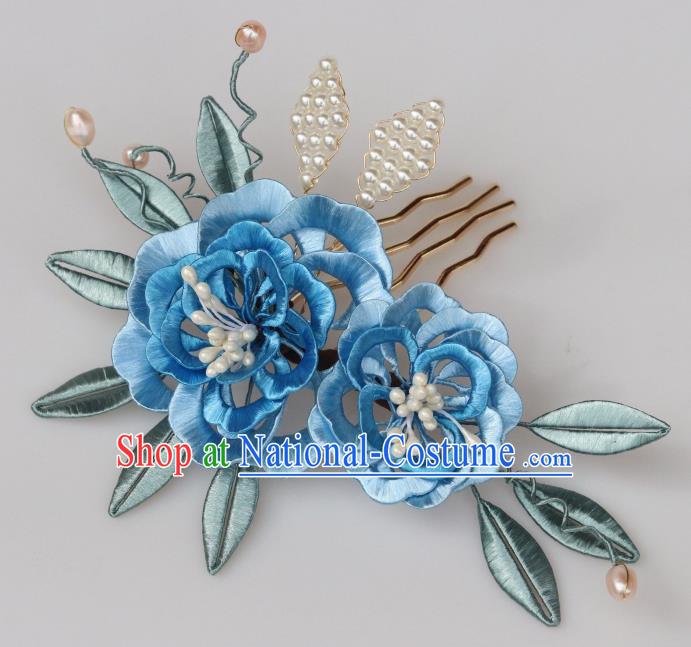 Chinese Handmade Flowers Hair Comb Ancient Ming Dynasty Court Princess Blue Silk Peony Hairpin