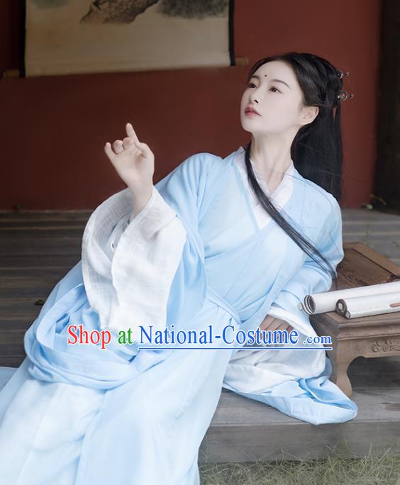 China Ancient Goddess Blue Chiffon Hanfu Dress Garment Traditional Jin Dynasty Princess Historical Clothing