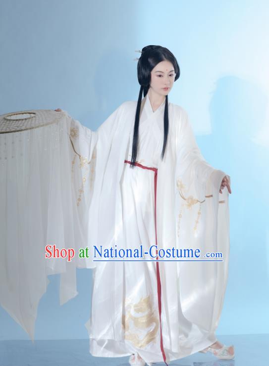 China Ancient Swordswoman White Hanfu Dress Clothing Traditional Jin Dynasty Princess Historical Costumes and Hat