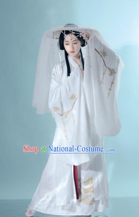 China Ancient Swordswoman White Hanfu Dress Clothing Traditional Jin Dynasty Princess Historical Costumes and Hat