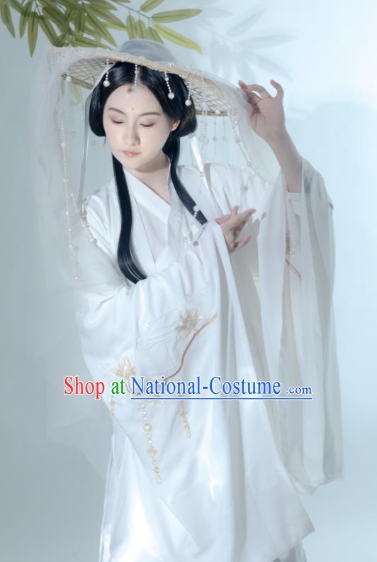 China Ancient Swordswoman White Hanfu Dress Clothing Traditional Jin Dynasty Princess Historical Costumes and Hat