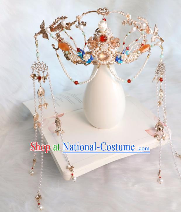 Chinese Ancient Court Lady Tassel Hair Crown Traditional Ming Dynasty Princess Pearls Phoenix Coronet