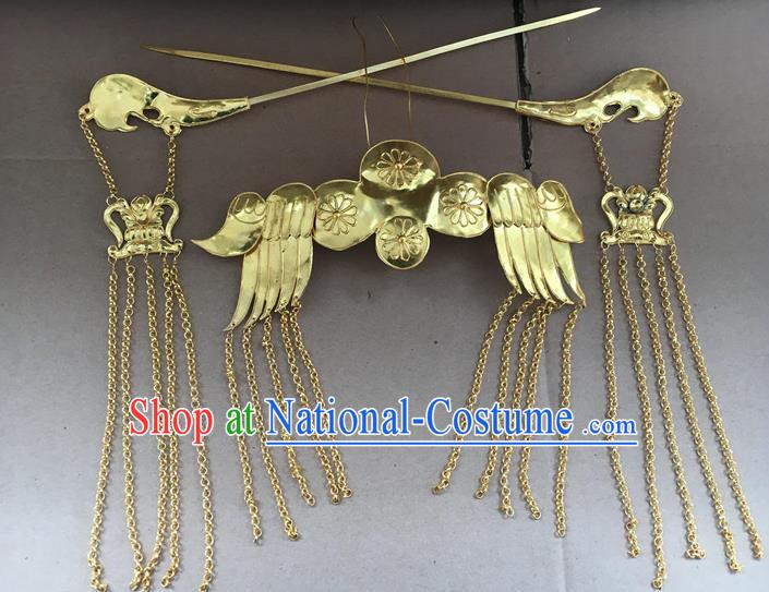 Chinese Ancient Bride Wedding Hairpins Traditional Ming Dynasty Empress Golden Tassel Hair Crown