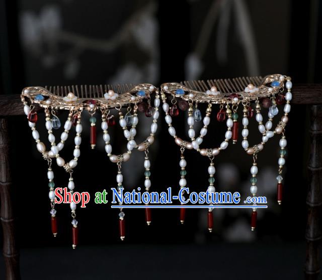 Chinese Ancient Court Princess Golden Hairpin Traditional Song Dynasty Pearls Tassel Hair Comb