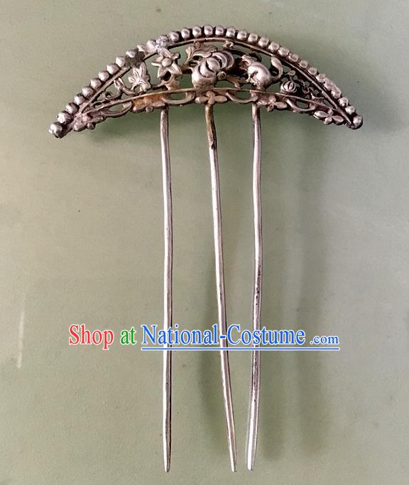 Chinese Ancient Imperial Concubine Hairpin Traditional Qing Dynasty Silver Carving Pumpkin Hair Comb Headwear