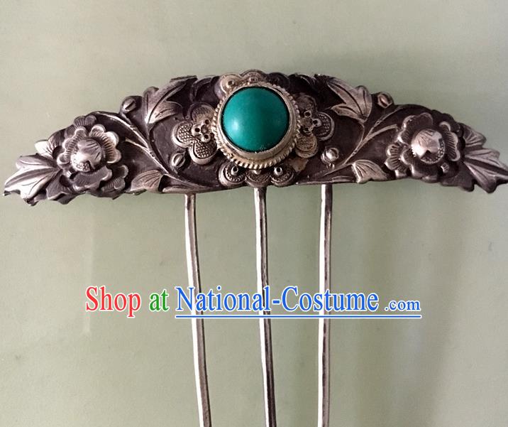 Chinese Ancient Court Woman Hairpin Traditional Qing Dynasty Silver Hair Comb Headpiece