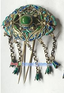 Chinese Ancient Empress Silver Butterfly Hairpin Traditional Qing Dynasty Court Cloisonne Tassel Hair Stick