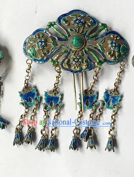 Chinese Ancient Court Woman Cloisonne Carp Tassel Hairpin Traditional Qing Dynasty Court Silver Hair Stick