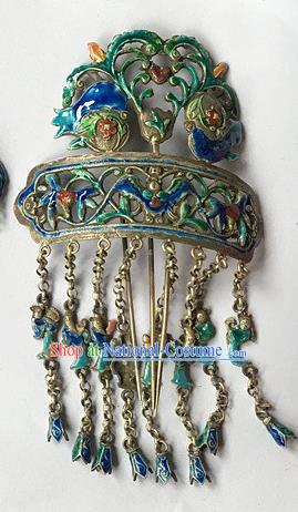 Chinese Ancient Empress Cloisonne Tassel Hairpin Traditional Qing Dynasty Court Queen Hair Comb