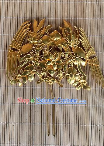 Chinese Ancient Court Beauty Hairpin Traditional Ming Dynasty Empress Golden Phoenix Hair Stick Headdress