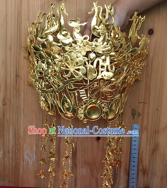 Chinese Ancient Bride Golden Hair Crown Traditional Ming Dynasty Wedding Phoenix Coronet Headwear