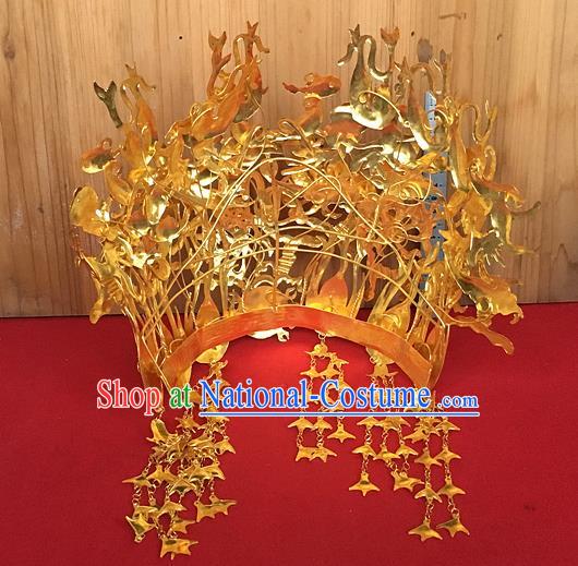 Chinese Ancient Bride Golden Hair Crown Traditional Ming Dynasty Wedding Phoenix Coronet Headwear