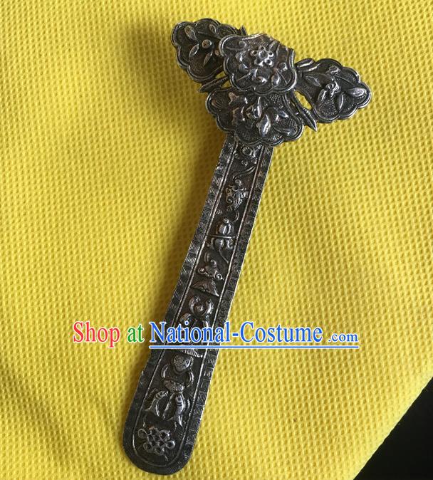 Chinese Ancient Imperial Concubine Hairpin Headwear Traditional Qing Dynasty Silver Carving Hair Stick