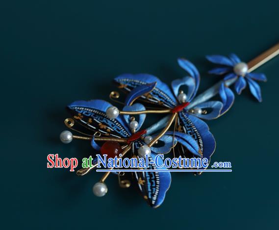 Chinese Traditional Qing Dynasty Court Hairpin Hair Accessories Ancient Imperial Concubine Blue Silk Butterfly Hair Stick