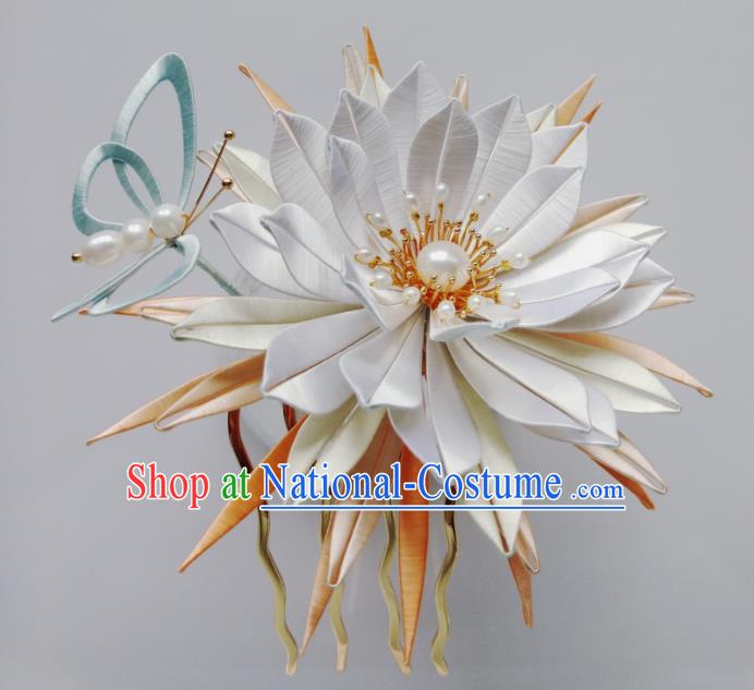 Chinese Traditional Song Dynasty Palace Hairpin Hair Accessories Ancient Princess White Silk Epiphyllum Hair Comb