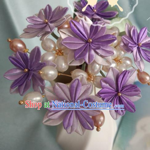 Chinese Ancient Princess Pearls Hair Stick Song Dynasty Hair Accessories Traditional Purple Silk Hydrangea Hairpin